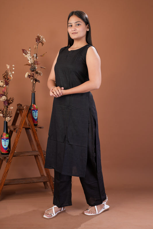 Women's Solid Sleeveless Straight Kurti with Palazzo Set