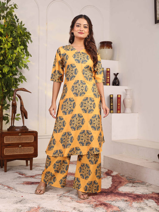 Women’s Mustard yellow Foil Printed Kurta Palazzo Set