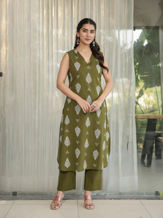Olive Green Printed Cotton Kurta Palazzo Set