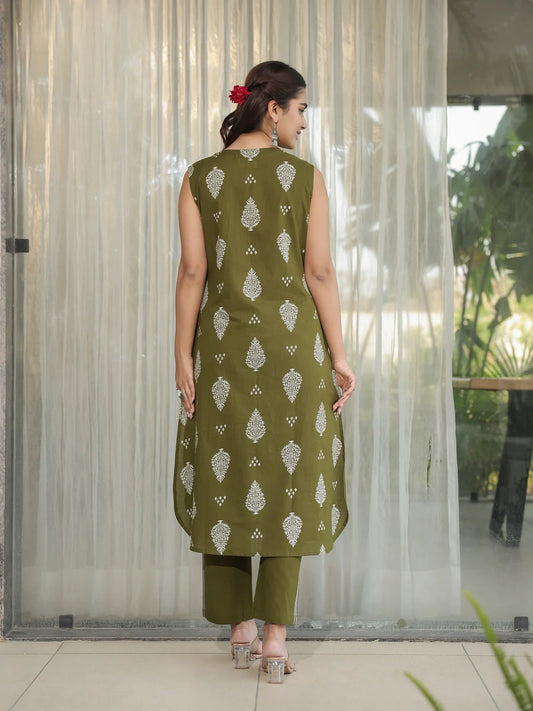 Olive Green Printed Cotton Kurta Palazzo Set