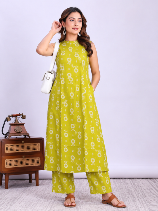 Women’s Olive Green Printed Anarkali Kurta with Pant Set