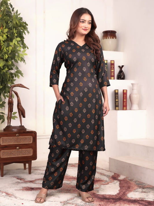 Women’s Brown Foil Printed Kurta with pant Set