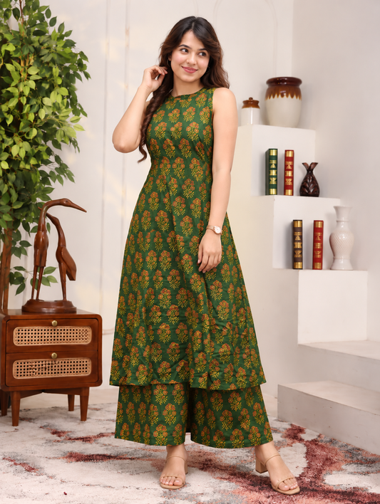 Women Green Floral Printed Kurta PANT Set
