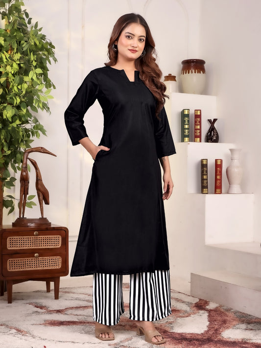 Women’s Black Solid Kurta with Palazzo Set