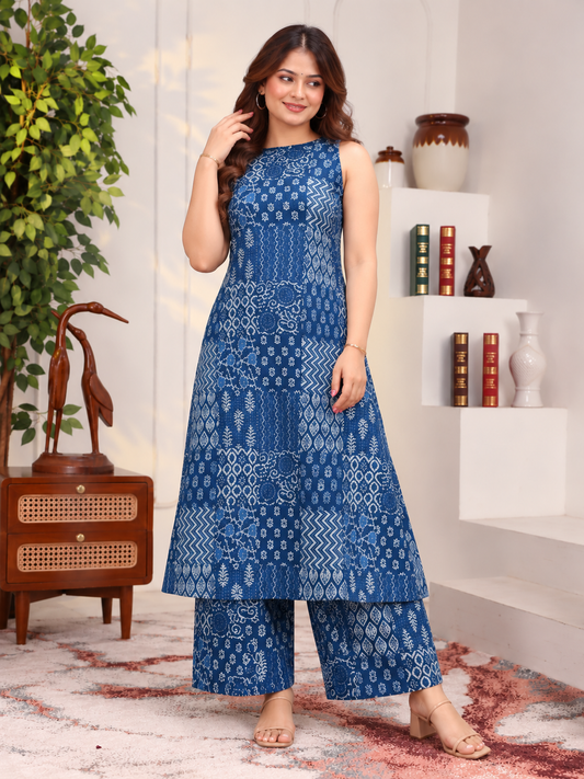 Women’s Royal Blue Printed Kurta Pant Set