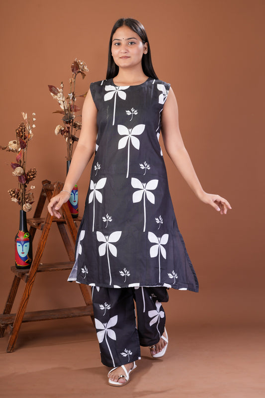 Black Floral Printed Sleeveless Cotton Kurta Pant Set