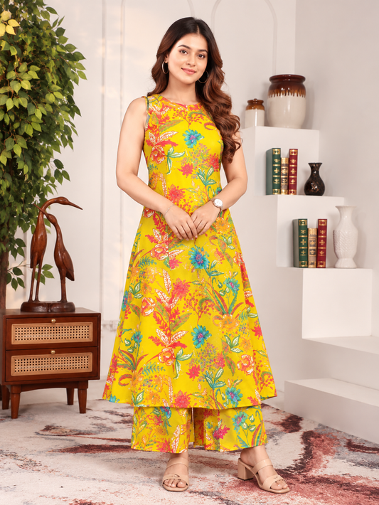 Women yellow Floral Printed Kurta PANT Set