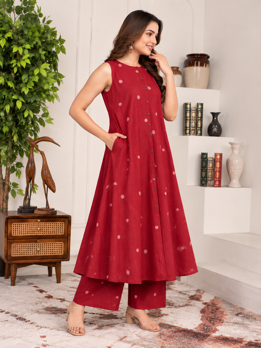 Women’s Red Polka Dot Printed Sleeveless Kurta With Palazzo Set
