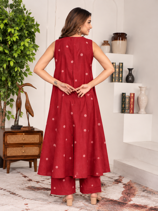Women’s Red Polka Dot Printed Sleeveless Kurta With Palazzo Set