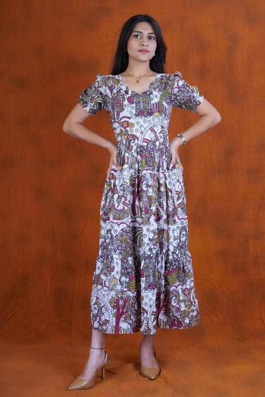 Women’s Multicolor Kalamkari Printed Muslin Maxi Gown