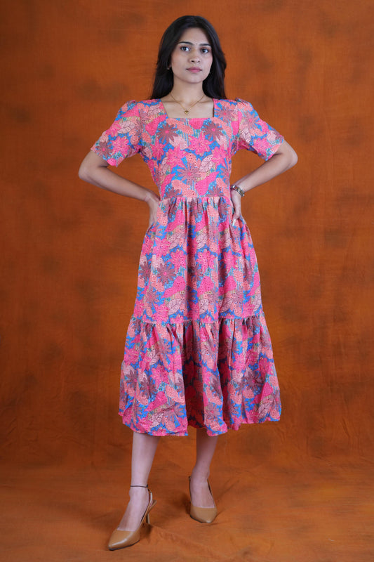 Women’s Blue Floral Printed Puff Sleeve Tiered Midi Dress