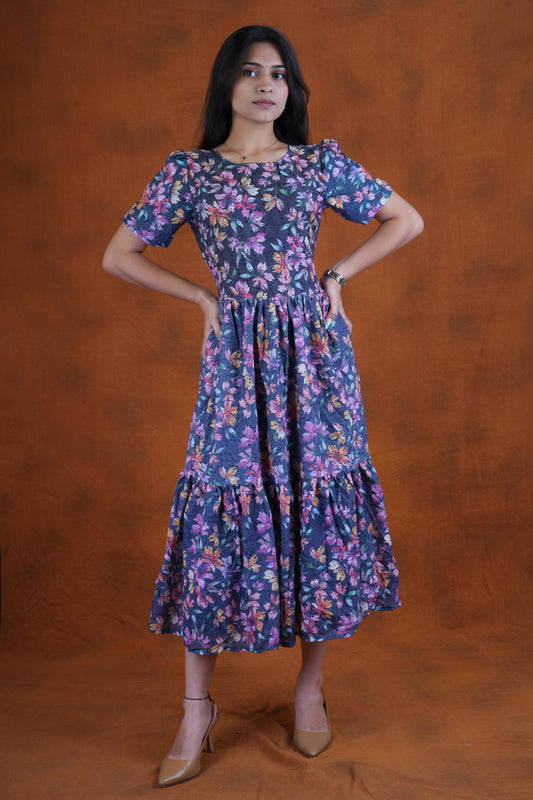 Women’s Blue Floral Printed Puff Sleeve Tiered Midi Dress