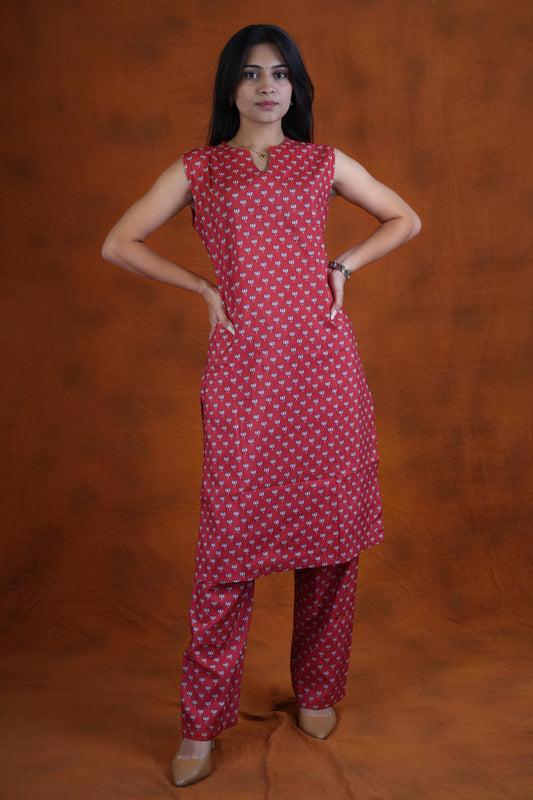 Women’s Red Floral Printed Sleeveless Kurta Pant Set