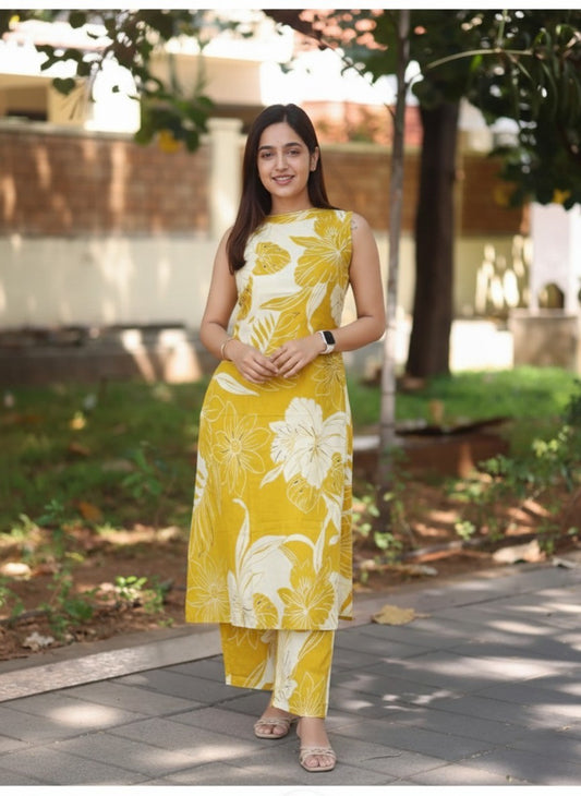 Women’s Yellow Floral Printed Sleeveless Kurti Top