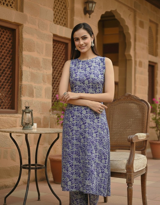 Women’s White Elephant & Umbrella Printed A-Line Kurta with Palazzo Set