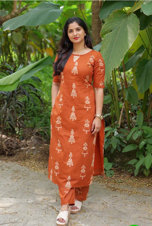 Women’s Cream Floral Printed Straight Kurti with Pants
