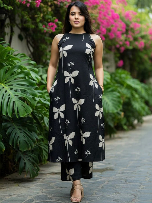 Black Floral Printed Sleeveless Cotton Kurta Pant Set