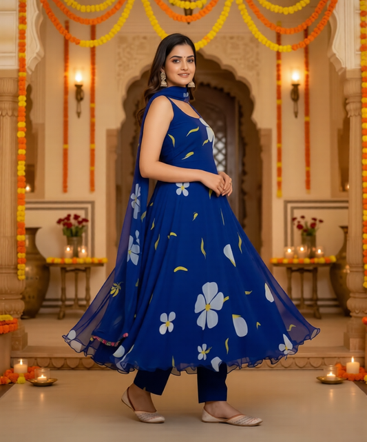 Women’s black Floral Printed Anarkali Kurti with Dupatta