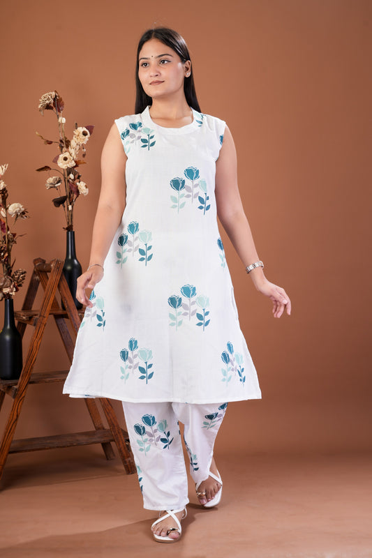 Women’s White Elephant & Umbrella Printed A-Line Kurta with Palazzo Set