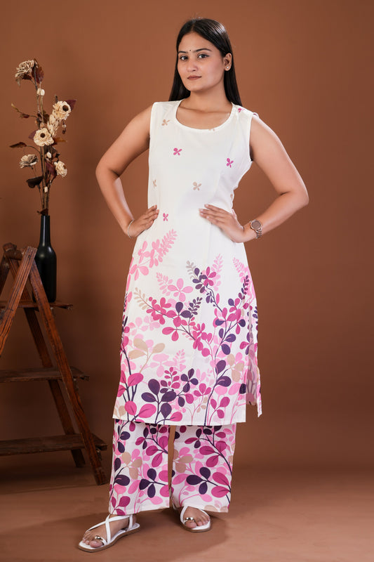 Women’s Cream Floral Printed Straight Kurti with Pants