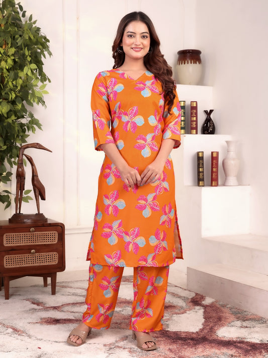 Women’s Deep orenge Floral Printed A-Line Kurta