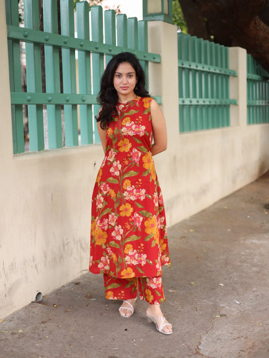 Floral Print Sleeveless Cotton Co-Ord Set