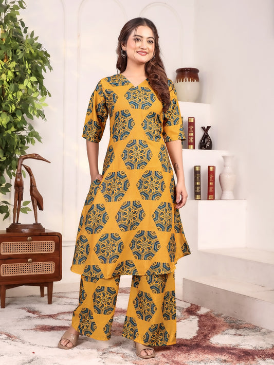 Women’s Mustard yellow  Foil Printed Kurta Palazzo Set