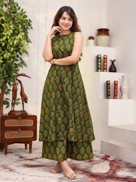 Women Green Floral Printed Kurta PANT  Set