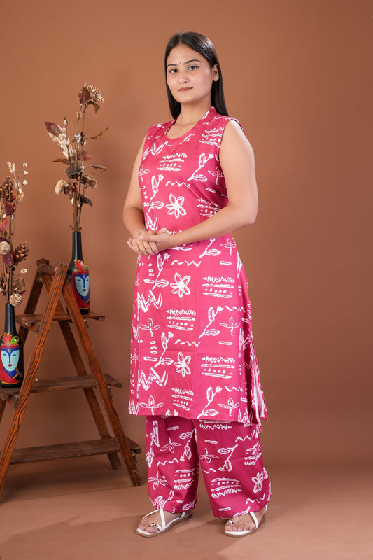 Abstract Printed Sleeveless Cotton Kurta Pant Set