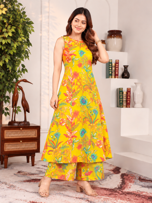 Women yellow  Floral Printed Kurta PANT  Set