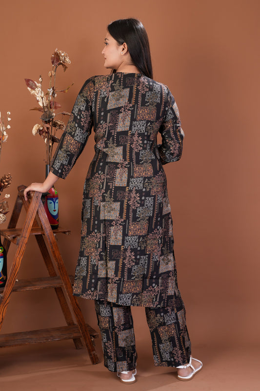 YASHVI Women's Elegant Printed Viscose Rayon Kurta Pant Set - Black