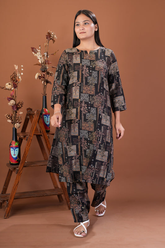 YASHVI Women's Elegant Printed Viscose Rayon Kurta Pant Set - Black