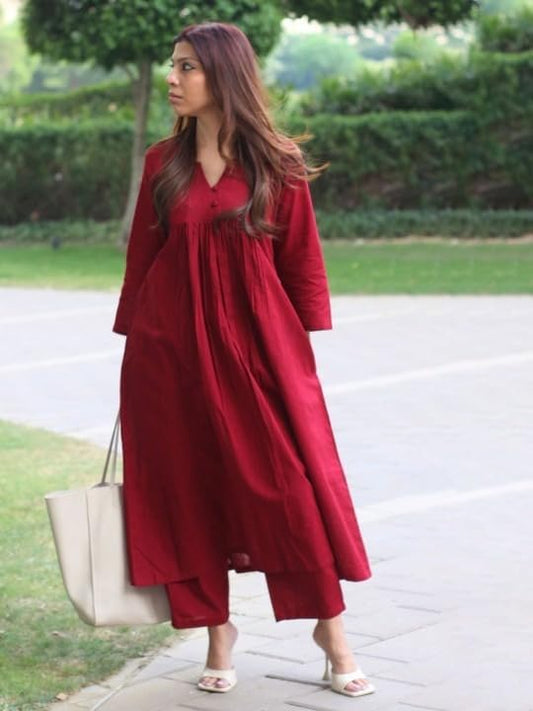 Solid A-Line Cotton Kurta Pant Set