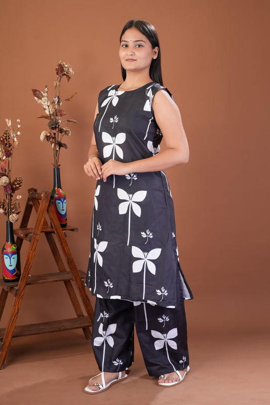 Black Floral Printed Sleeveless Cotton Kurta Pant Set