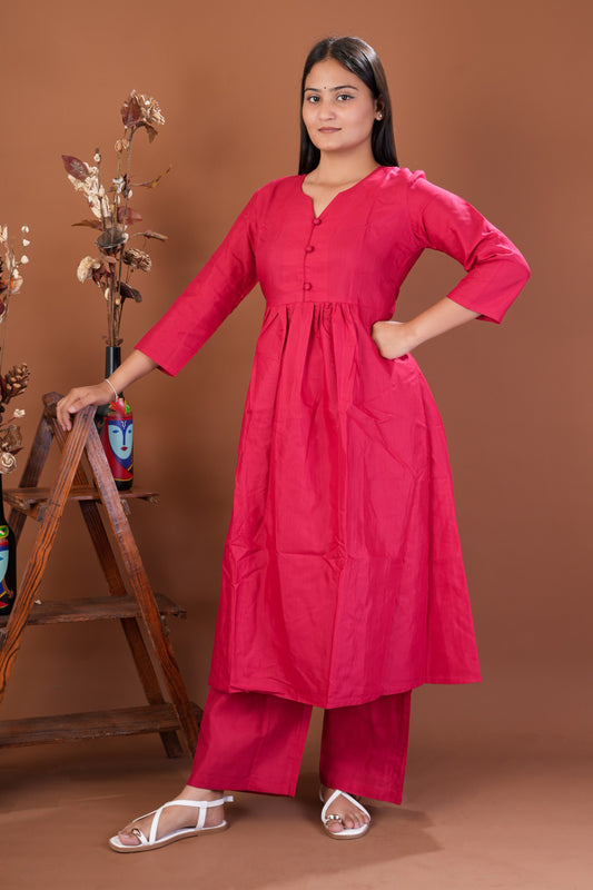Women’s Solid Red Viscose Rayon A-Line Kurta with Matching Pants