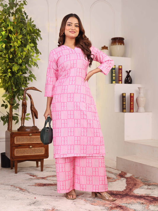 Women’s Pink Printed Straight Kurta & Palazzo Co-ord Set