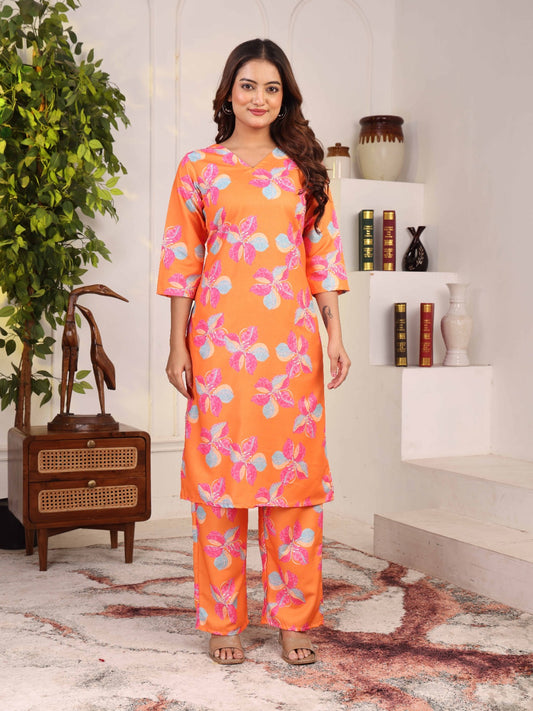 Women’s Deep orenge Floral Printed A-Line Kurta