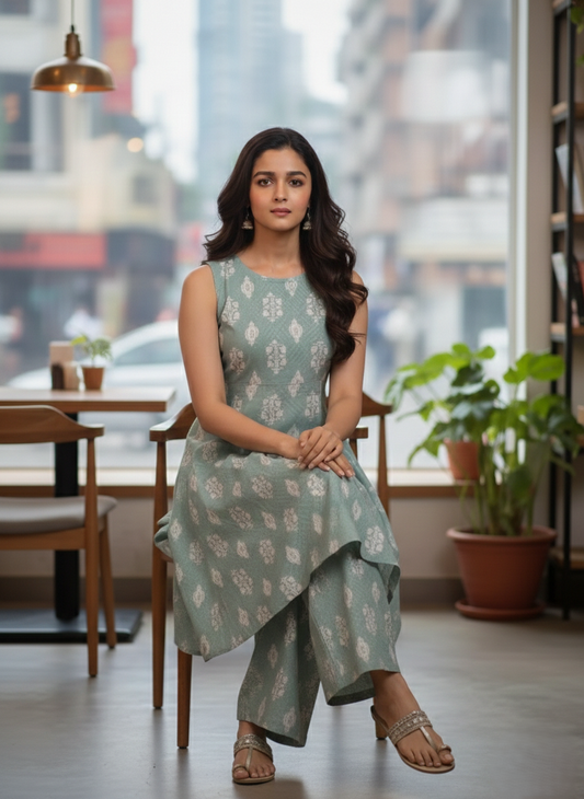 women kurti palazzo set, sleeveless kurti set for women