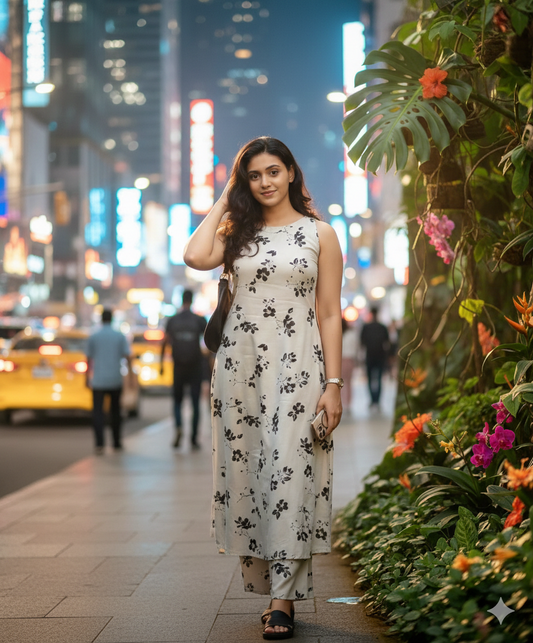Women’s Cream Floral Printed Straight Kurti with Pants