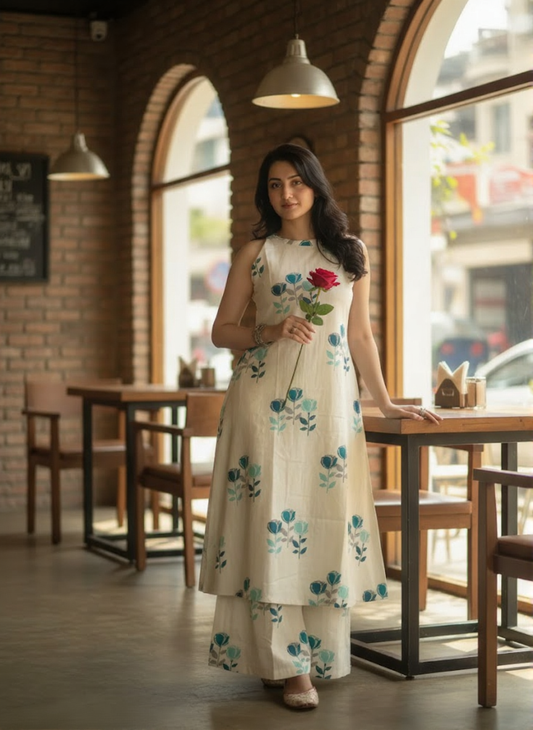 Women’s White Elephant & Umbrella Printed A-Line Kurta with Palazzo Set