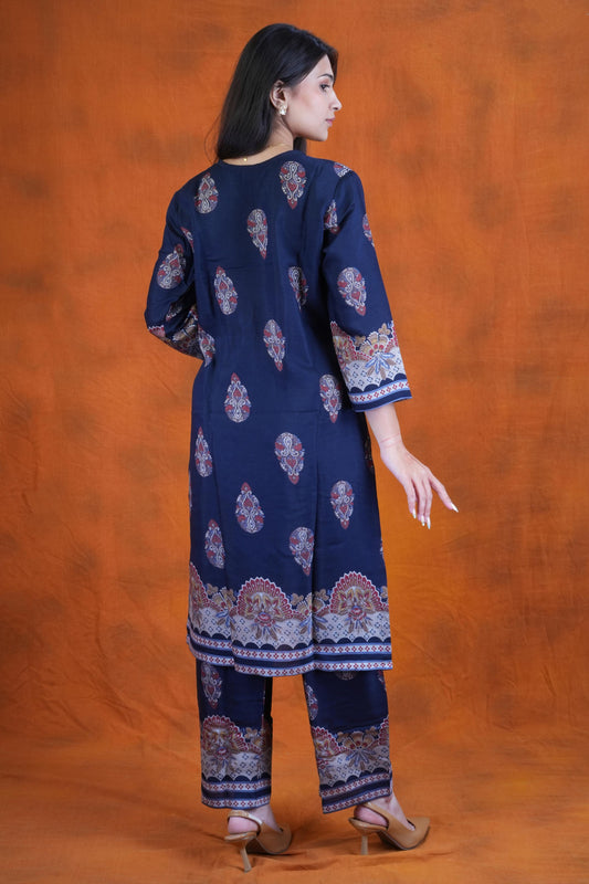 Women’s Navy Blue Paisley Printed Kurta Pant Set
