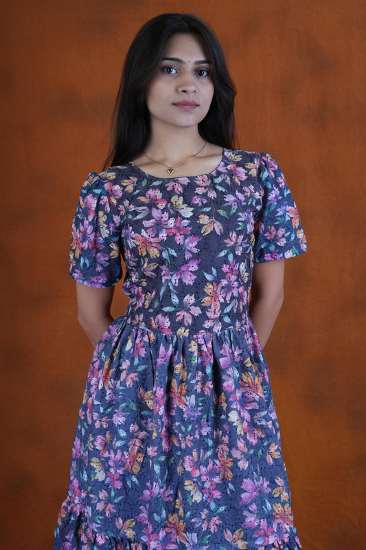 Women’s Blue Floral Printed Puff Sleeve Tiered Midi Dress