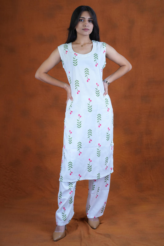Women’s White Floral Printed Kurta with Palazzos