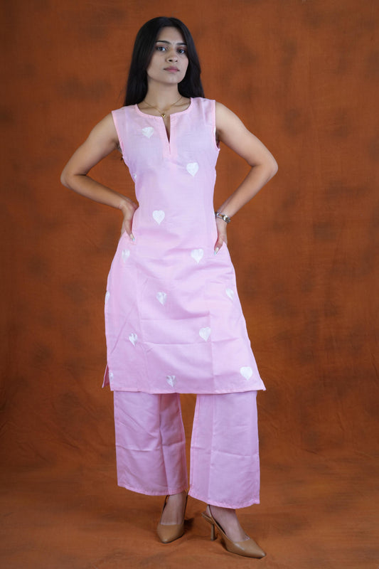 Women’s Light Pink Heart Printed Sleeveless Kurta Palazzo Set