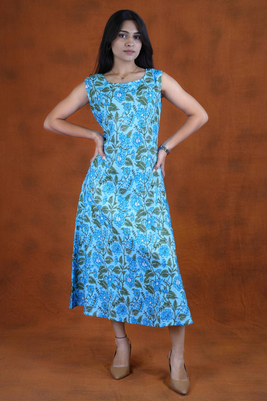 Women’s Steel Blue Floral Printed Sleeveless A-Line Kurta