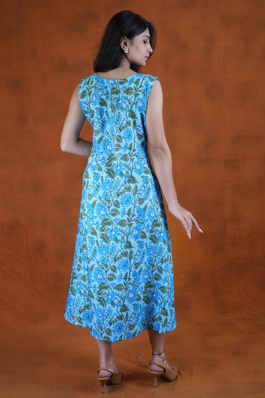 Women’s Steel Blue Floral Printed Sleeveless A-Line Kurta