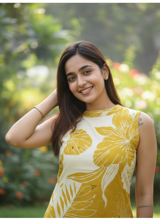 Botanical Printed Sleeveless Cotton Kurta Pant Set