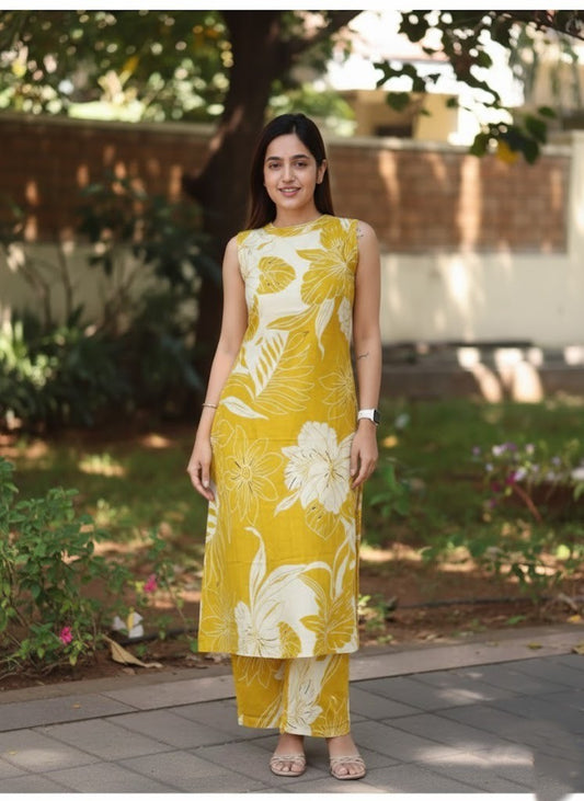 Women’s Yellow Floral Printed Sleeveless Kurti Top
