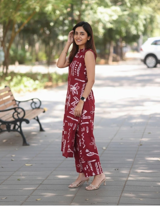 Women’s Maroon Floral Printed Sleeveless Kurti Top