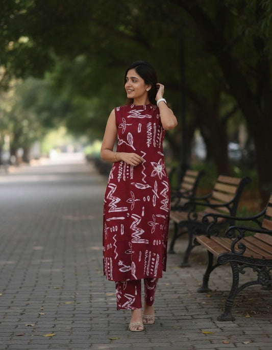 Women’s Maroon Floral Printed Sleeveless Kurti Top